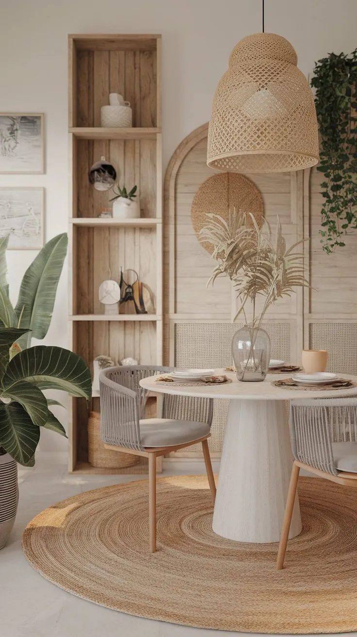 Relaxed coastal vibes meet modern design in this boho beach-themed dining room.