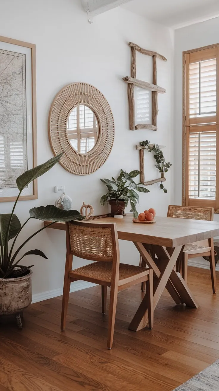 Beach house vibes meet modern design in a sun-drenched coastal dining room featuring a wood table, wicker chairs, and nautical accents.
