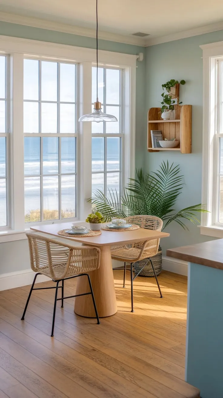 Boho beach vibes meet modern design in a coastal dining room, where a stylish table overlooks a stunning ocean vista through large windows.