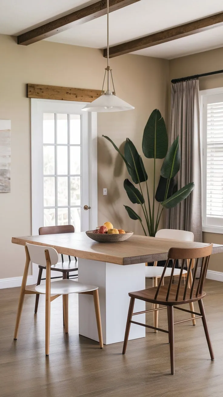 A modern wood table anchors a boho beach-style coastal dining room, its beige walls and wooden floors complemented by a large plant and unique chair pairings.