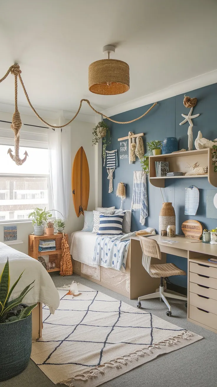 Transforming a simple dorm room into a coastal granddaughter's haven.  Sea salt and sand decor, beachy bedroom ideas, and coastal blue hues create the perfect coastal girl room aesthetic. This beach college dorm showcases the magic of sea salt room decor, bringing the beach to campus.