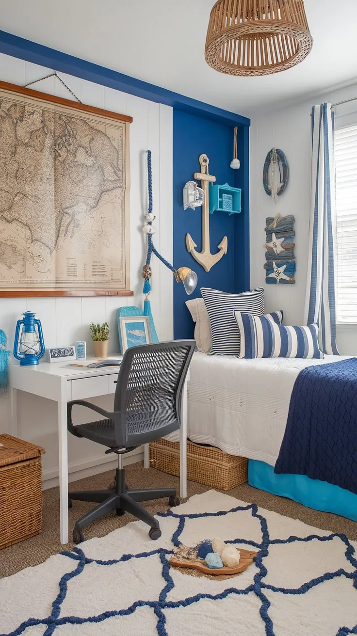 Beachy bedroom ideas come to life in this coastal dorm room!  My granddaughter's coastal blue dorm room is a perfect blend of nautical charm and coastal girl room aesthetic.  The sea salt and sand decor, along with the vintage map and anchor, create a calming coastal atmosphere.  This is the ultimate example of beach college dorm ideas, showcasing a stylish and relaxing space with sea salt room decor.