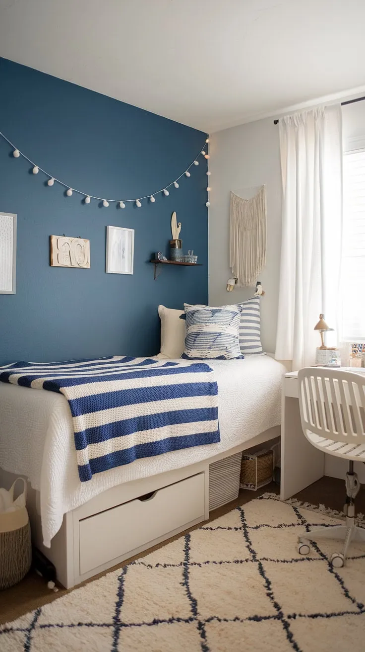 Transforming a dorm room into a coastal haven for my granddaughter.  This coastal blue dorm room, filled with sea salt and sand decor, perfectly captures the beachy bedroom ideas she loves.  The sea salt room decor adds a touch of elegance to this coastal girl room aesthetic, making it the ultimate beach college dorm ideas space.