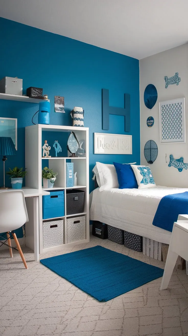 Beachy bedroom ideas meet college life! This coastal granddaughter room boasts a calming coastal blue dorm room aesthetic, complete with sea salt and sand decor.  The perfect blend of coastal girl room aesthetic and practical beach college dorm ideas, creating a serene coastal dorm room escape.