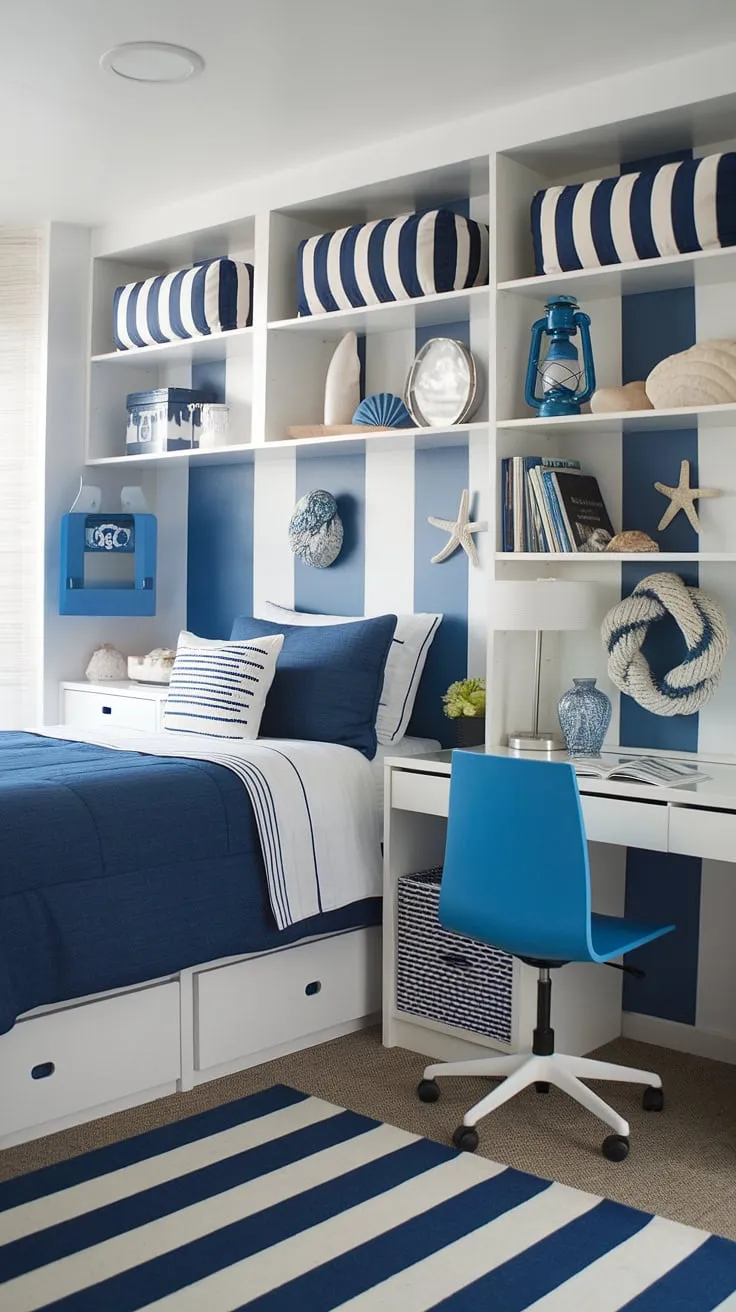 Transforming a simple dorm room into a coastal granddaughter's haven.  Sea salt and sand decor, beachy bedroom ideas, and coastal blue hues create the perfect coastal girl room aesthetic. This beach college dorm is the ultimate coastal dorm room escape.