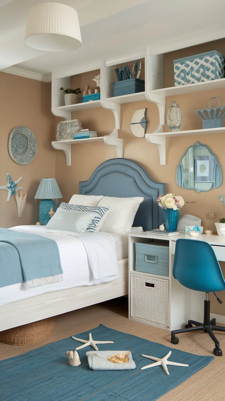 This coastal dorm room is the ultimate coastal granddaughter room, showcasing a dreamy coastal blue dorm room aesthetic.  Beachy bedroom ideas and sea salt room decor, including sea salt and sand decor, create a tranquil beach college dorm space perfect for a coastal girl.