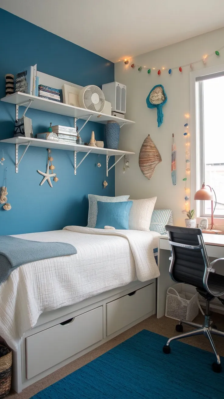 Beach college dorm ideas don't get much better than this coastal dorm room.  The coastal granddaughter room is complete with sea salt and sand decor, creating a dreamy coastal blue dorm room and the ultimate coastal girl room aesthetic.