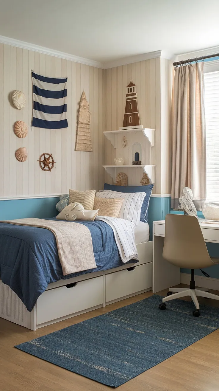 This coastal dorm room is the epitome of beachy bedroom ideas.  The sea salt and sand decor, combined with a calming coastal blue dorm room palette and thoughtful touches like the nautical flag and lighthouse, creates a space that's both stylish and relaxing. Perfect for a coastal granddaughter or anyone seeking a sea salt room decor vibe, this is the ultimate coastal girl room aesthetic for college.  It's proof that even a small space can embrace the beach college dorm ideas.