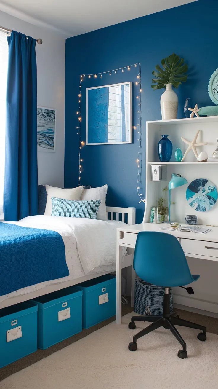 My granddaughter's coastal dorm room is complete!  Beach college dorm ideas met coastal girl room aesthetic in this sea salt and sand decor paradise.  The coastal blue dorm room and beachy bedroom ideas perfectly capture the sea salt room decor vibe.  A true coastal granddaughter room.