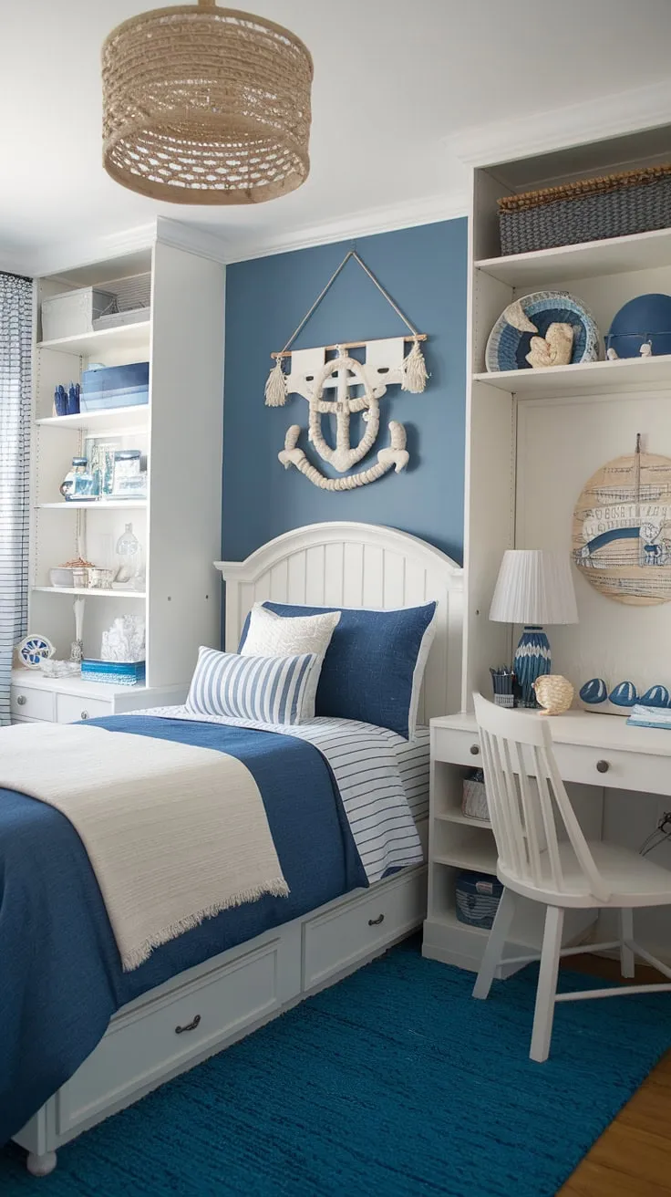 This coastal dorm room is the epitome of beachy bedroom ideas.  The coastal granddaughter room features a calming coastal blue dorm room design, incorporating sea salt and sand decor and a delightful coastal girl room aesthetic. White furniture and a blue rug create a bright and airy space, perfect for relaxation and study.  Ideal for beach college dorm ideas, this room is a haven of sea salt room decor.