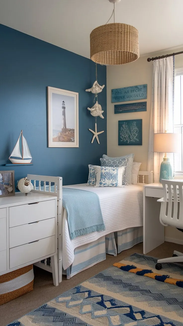 Beach college dorm ideas don't get much better than this coastal granddaughter room!  The coastal blue dorm room features a calming sea salt room decor, perfectly embodying a coastal girl room aesthetic.  This beachy bedroom design brings the feeling of sea salt and sand right into her coastal dorm room.
