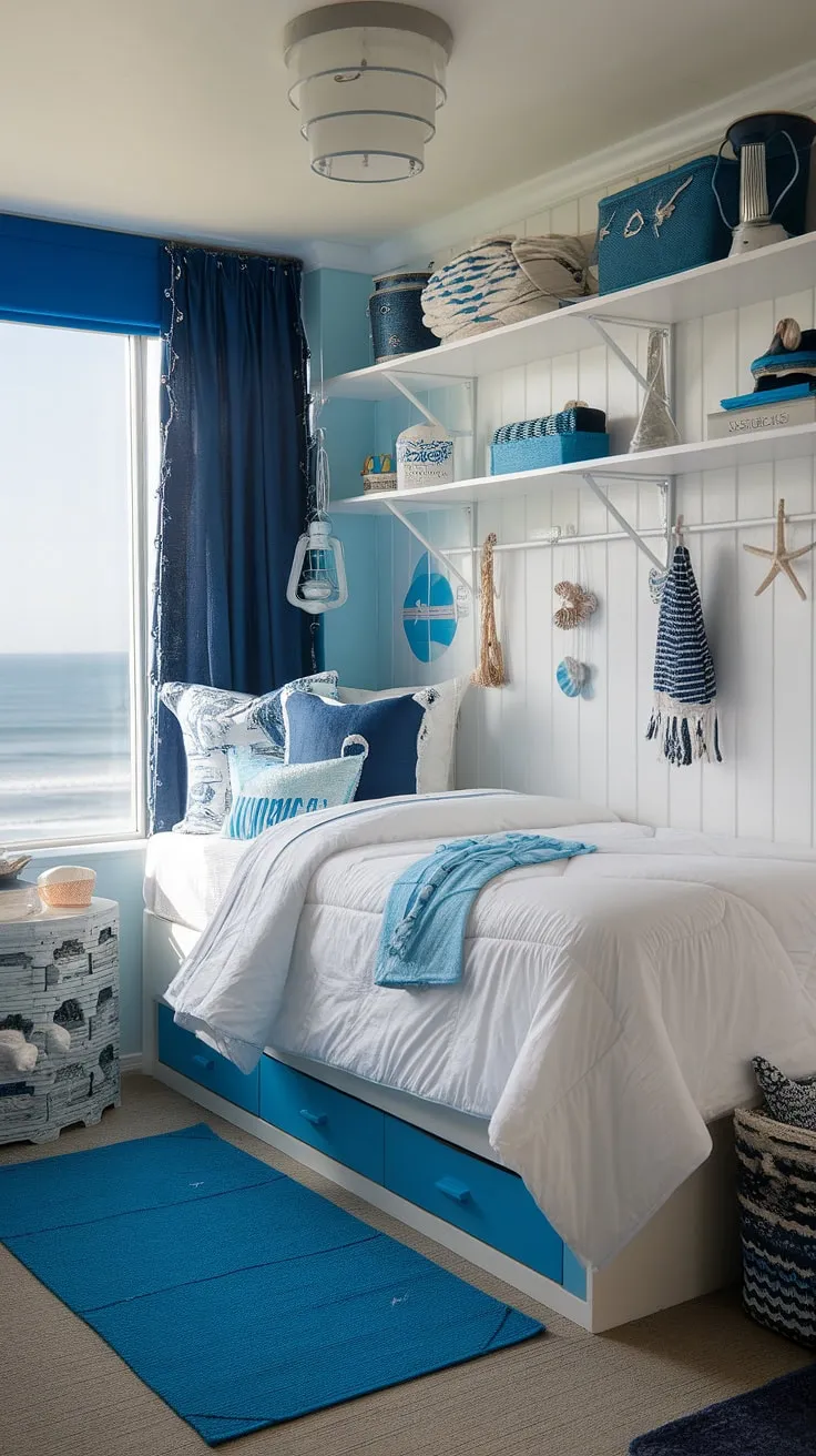 Transforming a simple dorm room into a coastal granddaughter's haven.  Sea salt and sand decor, beachy bedroom ideas, and coastal blue hues create the perfect coastal girl room aesthetic. This beach college dorm showcases the magic of sea salt room decor in a small space.