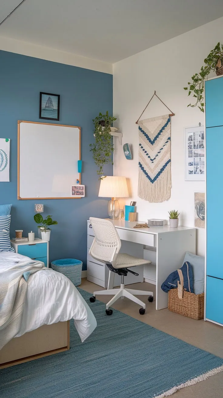 Transforming a dorm room into a coastal haven for my granddaughter!  This coastal blue dorm room, with its sea salt and sand decor, perfectly captures the beachy bedroom ideas she loves.  The sea salt room decor adds a calming touch, creating the ultimate coastal girl room aesthetic.  Beach college dorm ideas don't get much better than this coastal dorm room retreat.