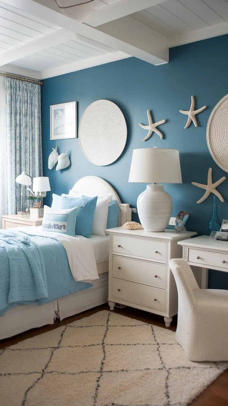 Transforming a simple dorm room into a coastal granddaughter's haven.  This coastal blue dorm room, brimming with beachy bedroom ideas and sea salt room decor, perfectly captures the sea salt and sand aesthetic.  Beach college dorm ideas don't get much better than this coastal girl room aesthetic, a little slice of the coast in a coastal dorm room setting.