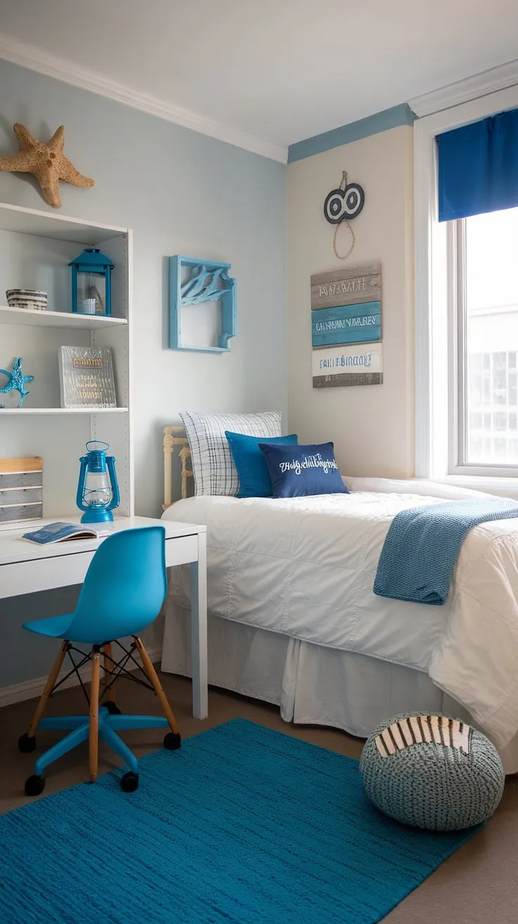 Transforming a dorm room into a coastal haven was a breeze! This coastal blue dorm room, perfect for a coastal granddaughter, boasts beachy bedroom ideas with sea salt room decor and sea salt and sand decor accents.  The coastal girl room aesthetic is complete with a calming blue palette and subtle nautical touches.  It's the perfect blend of beach college dorm ideas and cozy comfort.