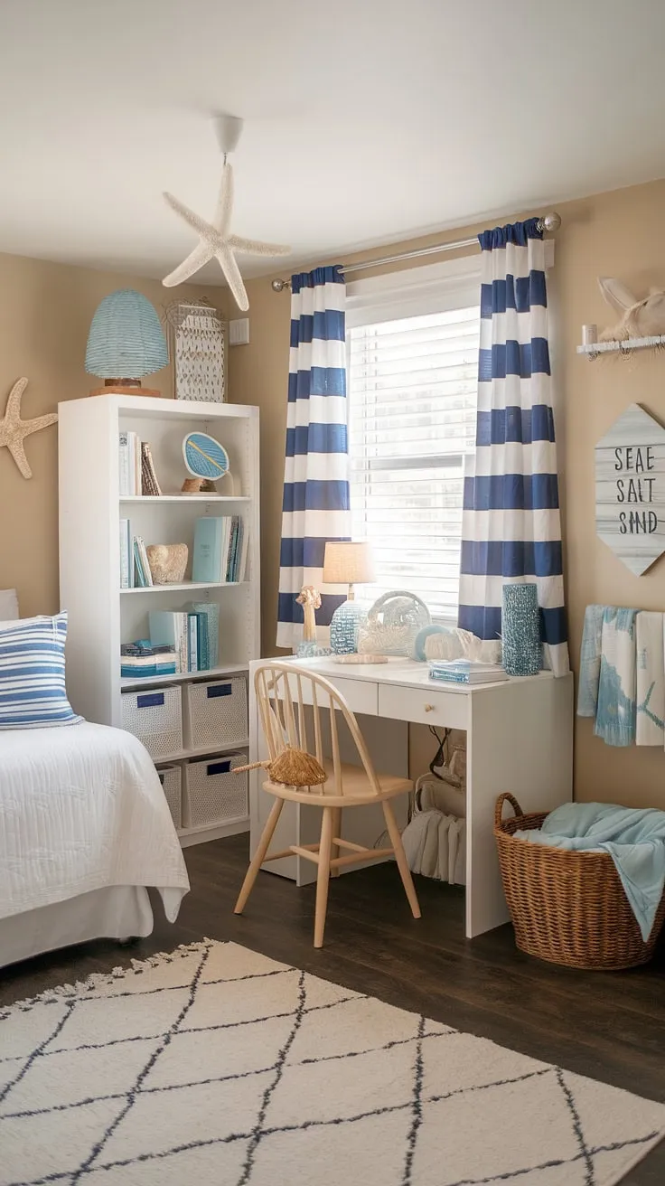 Transforming a simple dorm room into a coastal granddaughter's haven.  Sea salt and sand decor, coastal blue accents, and beachy bedroom ideas create the perfect coastal girl room aesthetic. This beach college dorm is the ultimate escape, blending sea salt room decor with the practicality of a coastal dorm room.