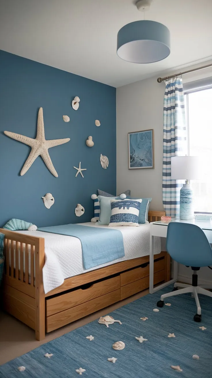 Transforming a dorm room into a coastal haven! This coastal blue dorm room, perfect for a coastal granddaughter, boasts beachy bedroom ideas with sea salt and sand decor, creating the ultimate coastal girl room aesthetic.  The sea salt room decor and starfish accents add a touch of the ocean breeze, making it the perfect beach college dorm ideas for any student.