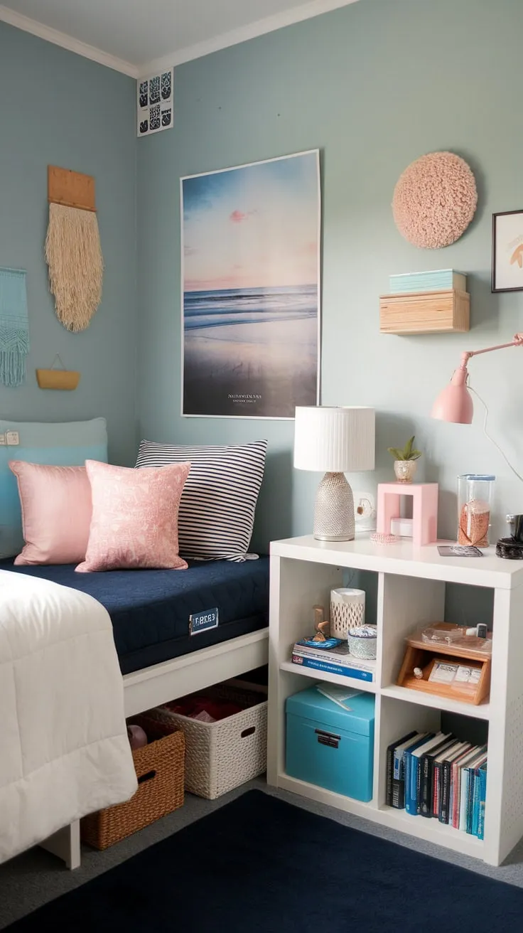 Sea salt room decor meets beach college dorm ideas in this dreamy coastal granddaughter room.  The coastal blue dorm room and beachy bedroom design perfectly capture a coastal girl room aesthetic, making it the ultimate sea salt and sand decor escape.