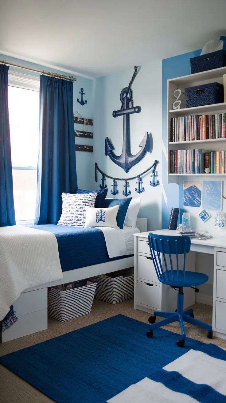 Transforming a dorm room into a coastal haven for my granddaughter!  This coastal blue dorm room, with its sea salt and sand decor, perfectly captures the beachy bedroom ideas she loves.  The sea salt room decor adds a calming touch to this coastal girl room aesthetic, making it the ultimate beach college dorm ideas escape.  A true coastal dorm room dream come true.