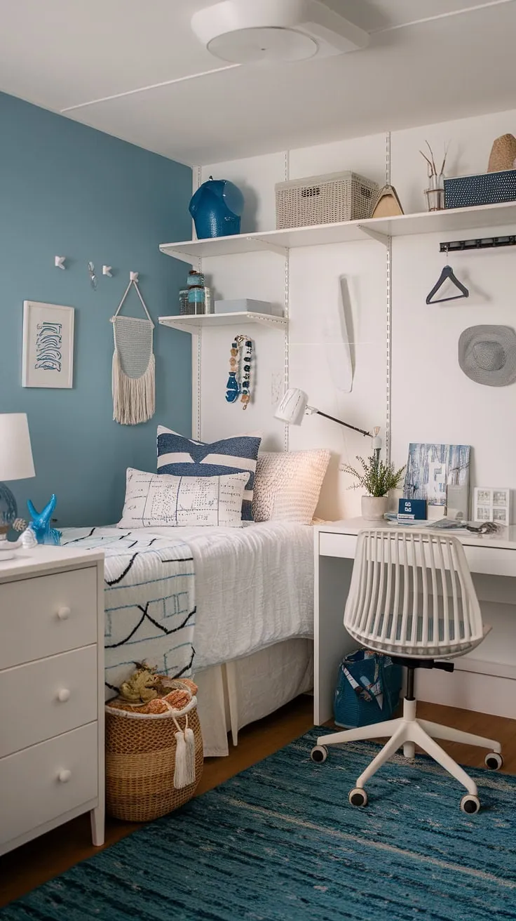 Transforming a dorm room into a coastal haven for my granddaughter!  This coastal blue dorm room, with its sea salt and sand decor, perfectly captures the beachy bedroom ideas she loves.  The sea salt room decor adds a calming touch, creating a coastal girl room aesthetic that feels both relaxing and fun.  Beach college dorm ideas don't get much better than this coastal dorm room retreat.