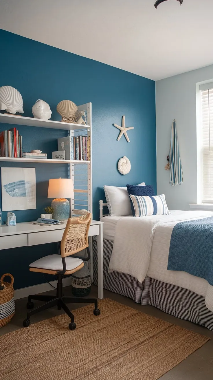 My coastal granddaughter's dorm room is officially ready for the school year!  This coastal dorm room design incorporates beachy bedroom ideas, creating a serene coastal girl room aesthetic.  The sea salt and sand decor and sea salt room decor add the perfect touch of coastal charm.  These beach college dorm ideas are simple yet effective for a stylish and functional coastal blue dorm room.