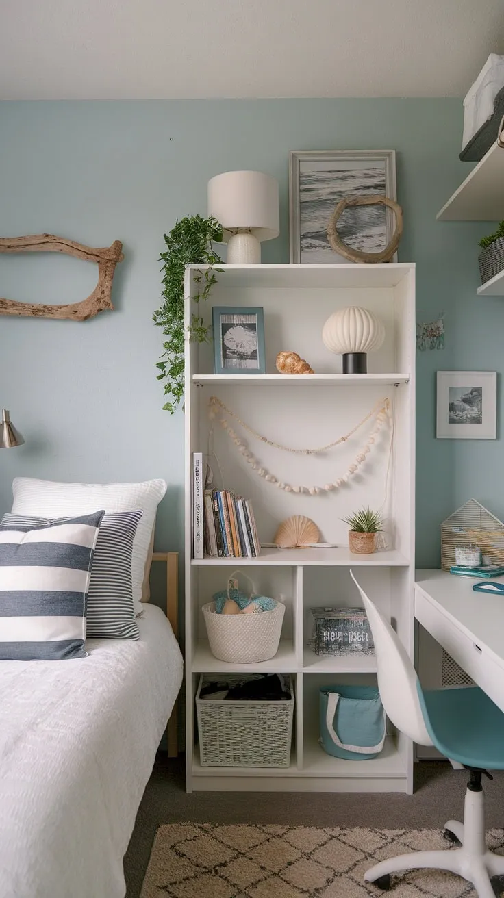 This coastal dorm room is the epitome of coastal girl room aesthetic.  Beachy bedroom ideas abound, from the calming coastal blue walls to the sea salt and sand decor.  Perfect for a coastal granddaughter, this space blends beach college dorm ideas with a touch of home, creating a serene and stylish sea salt room decor.
