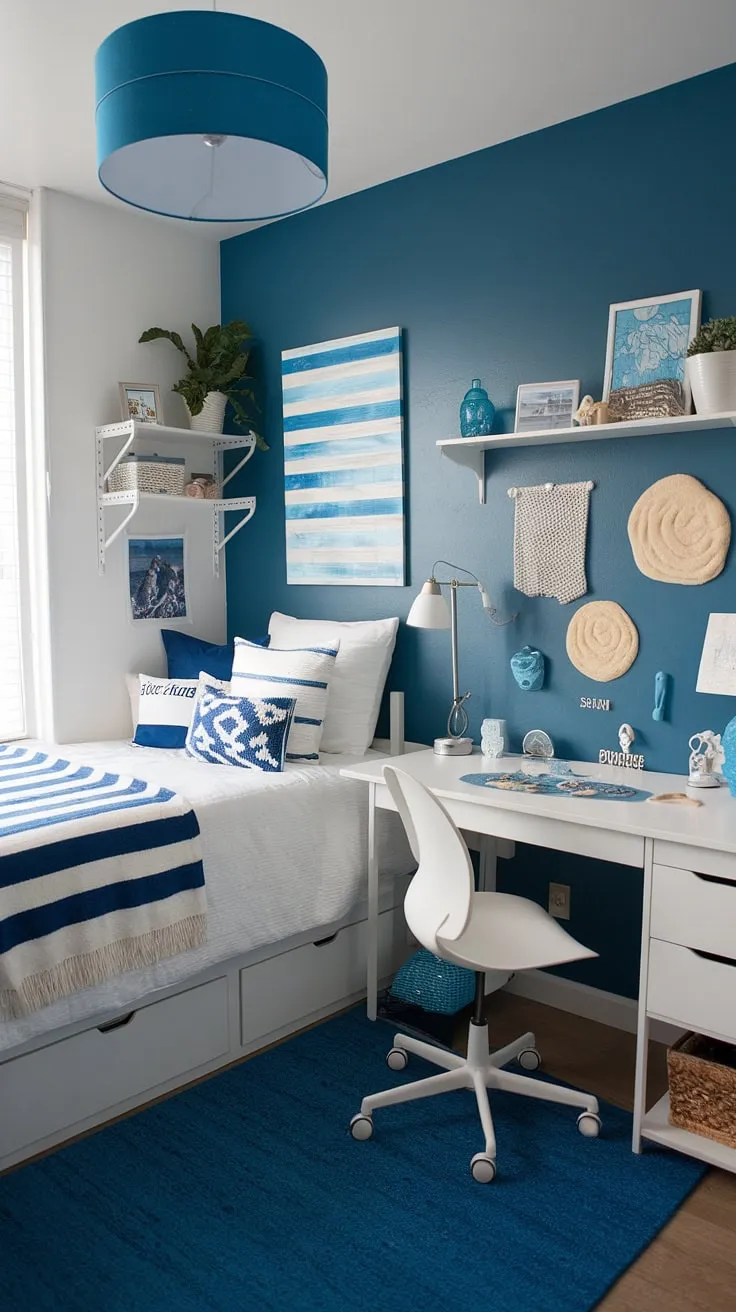 My coastal granddaughter's dorm room is officially complete!  This coastal dorm room is a dreamy haven, filled with beachy bedroom ideas and a calming coastal blue theme.  The sea salt and sand decor on the white desk adds a touch of the beach, while the blue and white striped blanket perfectly complements the coastal girl room aesthetic.  It's the perfect example of how to create a stylish and relaxing space with beach college dorm ideas, even in a small dorm room.