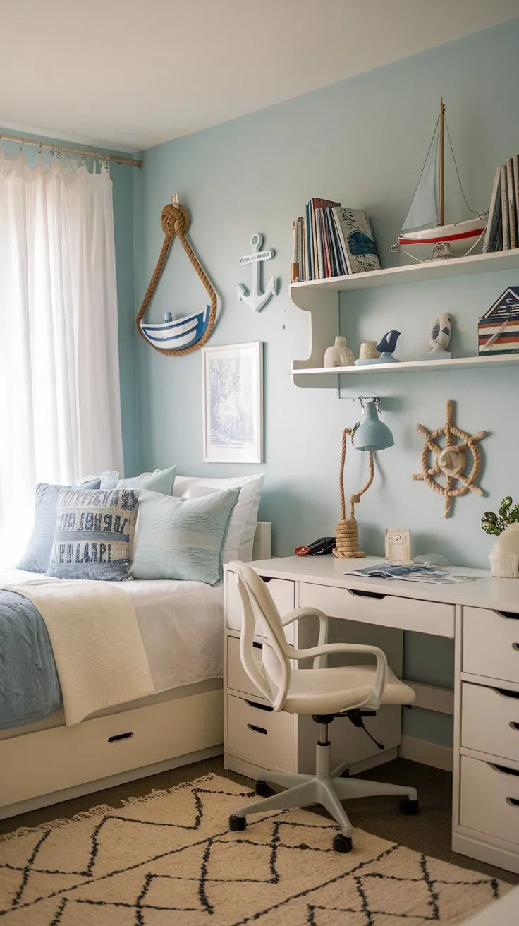 Beachy bedroom ideas meet college life in this coastal dorm room.  The coastal blue dorm room is a dream come true, filled with sea salt and sand decor, perfect for a coastal granddaughter.  This sea salt room decor and beach college dorm design captures the essence of a coastal girl room aesthetic.