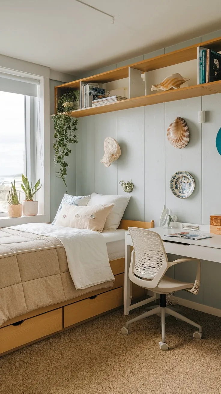 Transforming a dorm room into a coastal oasis? This beachy bedroom showcases the best of coastal dorm room design.  With its calming coastal blue dorm room palette, sea salt and sand decor, and thoughtful touches like the seashell accents, it's the ultimate coastal girl room aesthetic.  Perfect for a coastal granddaughter room, this space proves that even beach college dorm ideas can be sophisticated and stylish.