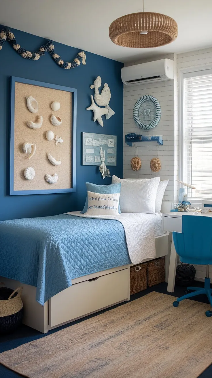 Transforming a dorm room into a coastal haven for my granddaughter!  This coastal blue dorm room, with its sea salt and sand decor, perfectly captures the beachy bedroom ideas she loves.  The sea salt room decor adds a calming touch, creating a coastal girl room aesthetic that feels both relaxing and fun.  Beach college dorm ideas don't get much better than this coastal dorm room retreat.