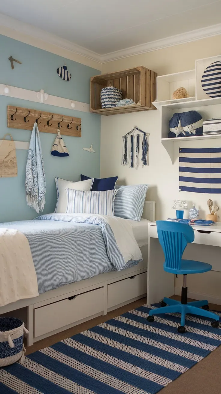 Transforming a dorm room into a coastal haven for my granddaughter!  This coastal blue dorm room, with its sea salt and sand decor, perfectly captures the beachy bedroom ideas she loves.  The sea salt room decor adds a calming touch, creating a coastal girl room aesthetic that feels both relaxing and fun.  Beach college dorm ideas don't get much better than this coastal dorm room escape.