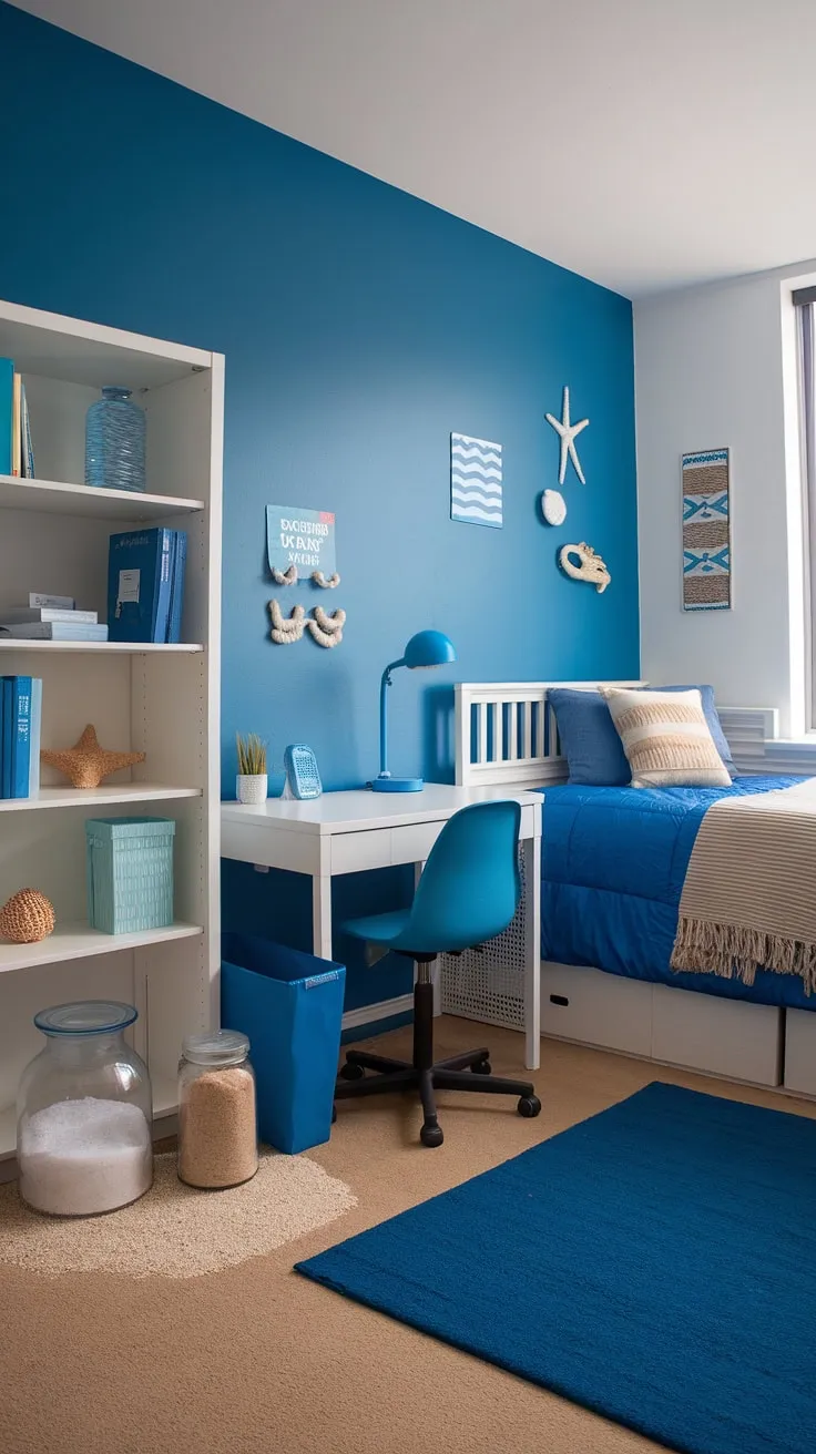Beach college dorm ideas come to life in this coastal granddaughter room!  The coastal blue dorm room showcases a serene coastal girl room aesthetic with sea salt and sand decor, creating the ultimate beachy bedroom ideas.  A large sea salt crystals jar adds a touch of coastal charm to this perfectly styled coastal dorm room.