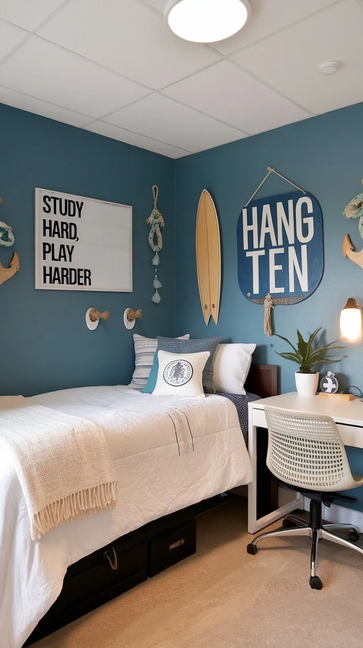 Transforming a simple dorm room into a coastal granddaughter's haven.  Sea salt and sand decor, beachy bedroom ideas, and coastal blue hues create the perfect coastal girl room aesthetic. This beach college dorm boasts the ultimate coastal dorm room vibe.