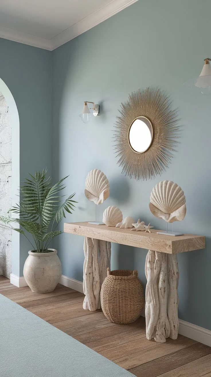 This coastal foyer welcomes you with a calming coastal boho color palette.  Seashell decorations on the coastal console add a touch of beach house charm to this bright and airy coastal hallway and beach house entryway.