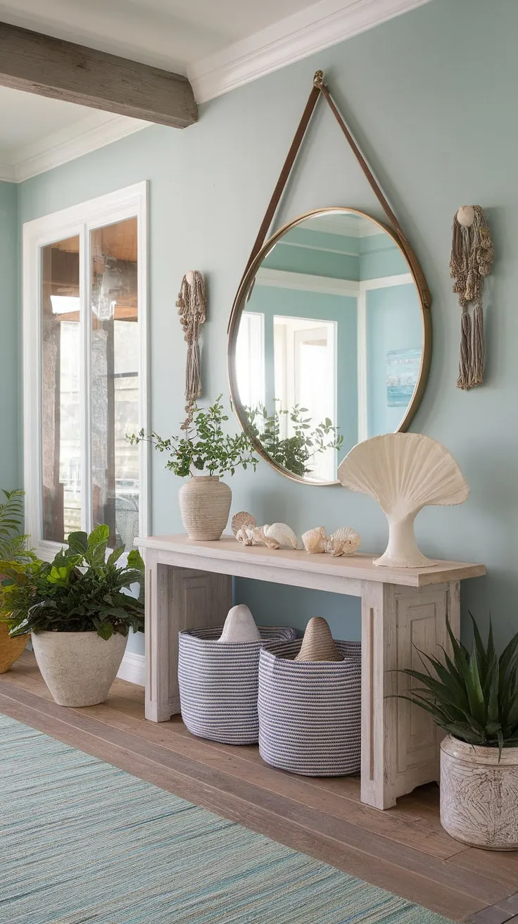 Step into serenity. This coastal foyer, with its beach house hallway leading the way, welcomes you with a coastal boho color palette and a charming coastal console adorned with seashell decorations. The coastal entryway's relaxed elegance perfectly captures the spirit of a seaside escape.