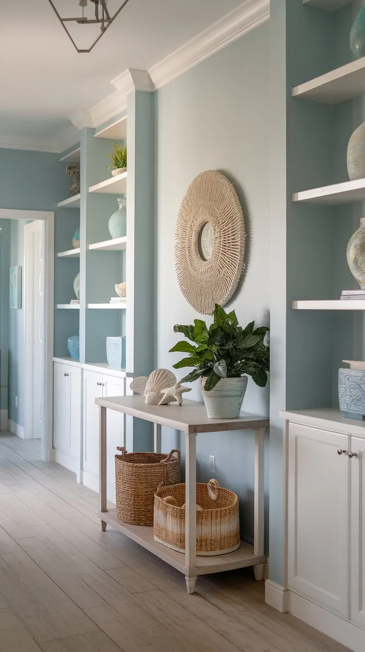 A breezy coastal foyer, this beach house hallway exudes effortless style.  The light blue walls and white shelves, combined with the coastal console and seashell decorations, create a perfect coastal entryway that's both inviting and sophisticated. The soft lighting and wooden planks complete the calming coastal boho color palette.
