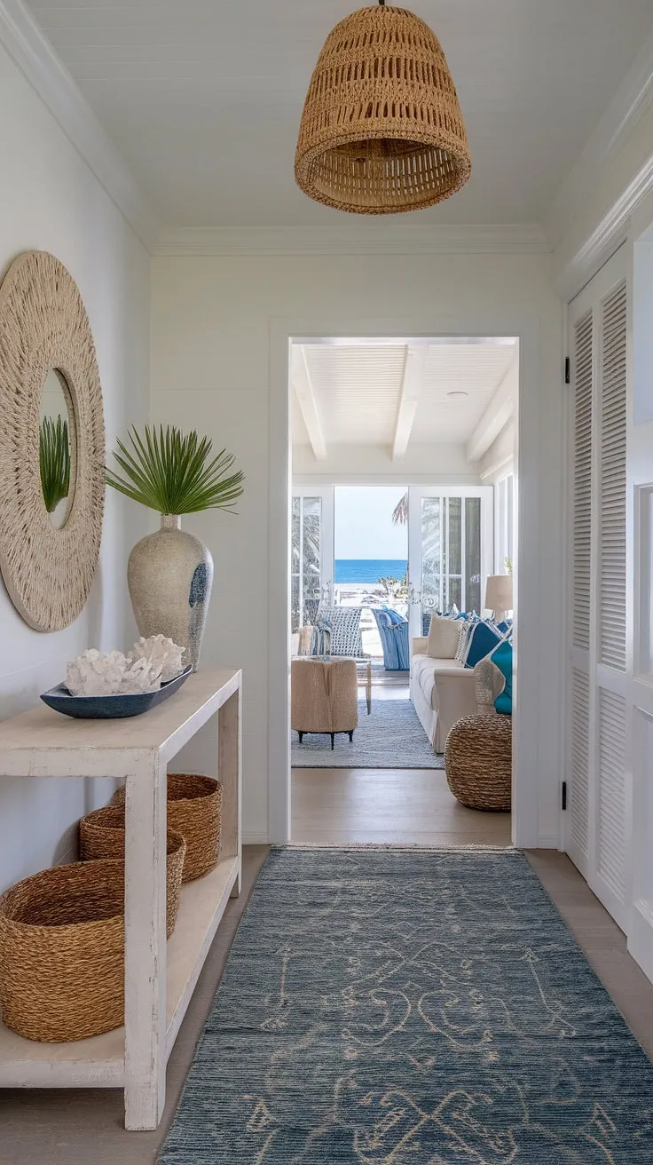 A breezy coastal foyer sets the tone for this beach house hallway. The coastal console, styled with seashell decorations and reflecting the coastal boho color palette, creates a welcoming coastal entryway that instantly transports you to the shore.