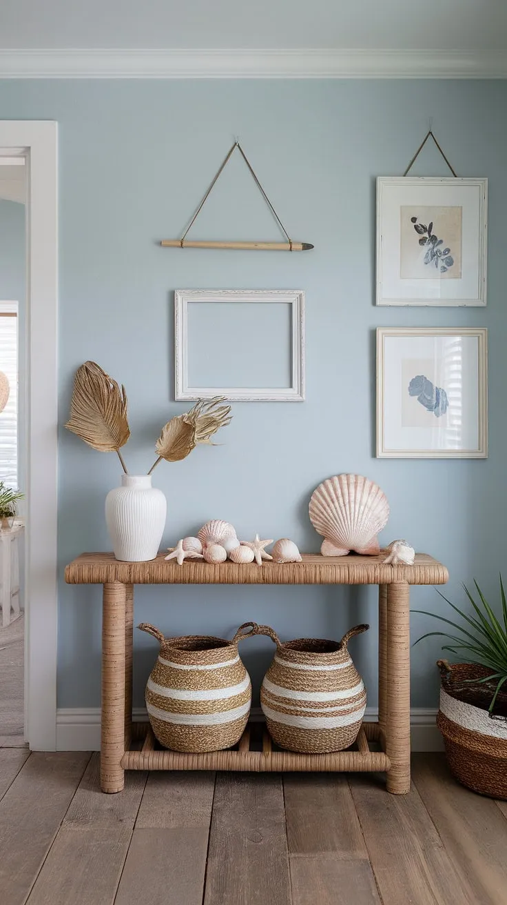 Step into seaside serenity. This coastal entryway, with its calming coastal boho color palette and charming seashell decorations adorning the coastal console, sets the perfect tone for a beach house getaway. The light blue walls and white-framed artwork complement the warm wooden planks, creating a welcoming coastal foyer and beach house hallway.