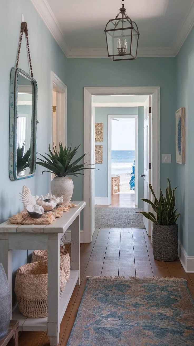 A breezy beach house hallway welcomes you into this coastal entryway. The coastal console, styled with seashell decorations, perfectly complements the coastal boho color palette, creating a tranquil coastal foyer that embodies the spirit of the sea.