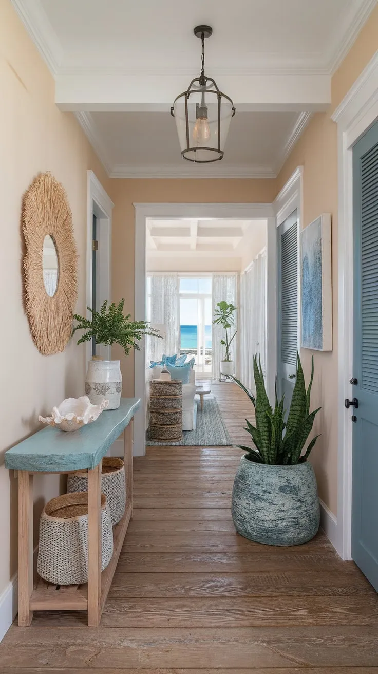 Step into serenity. This coastal entryway, with its beach house hallway charm and coastal boho color palette, welcomes you home.  A coastal console displays seashell decorations, adding a touch of the ocean's beauty to this coastal foyer.