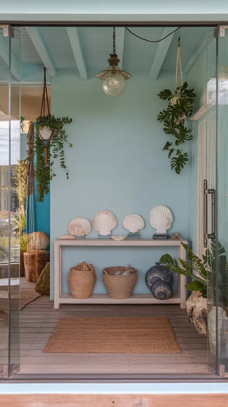 Step into serenity. This coastal entryway, with its beach house hallway charm and coastal boho color palette, welcomes you home.  A coastal console displays seashell decorations, adding a touch of the ocean's beauty to this coastal foyer.