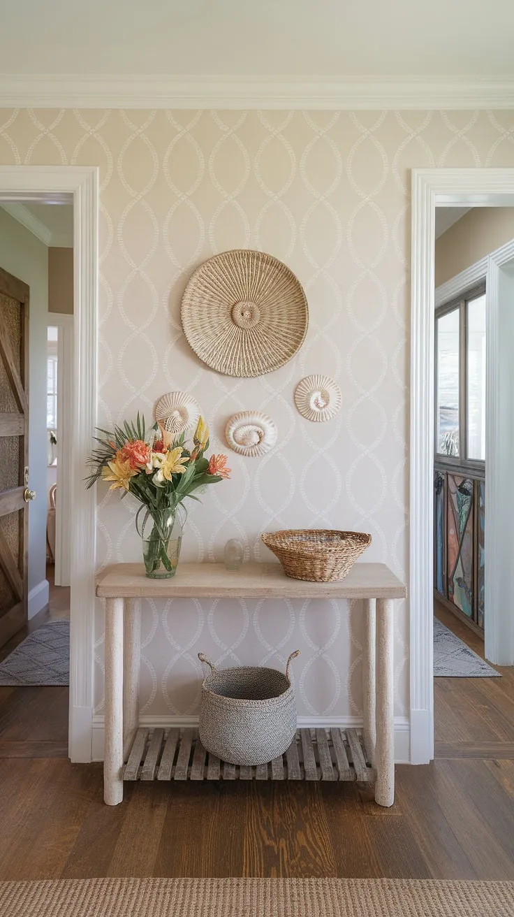 Step into seaside serenity. This coastal foyer, with its beach house hallway leading the way, boasts a coastal boho color palette and a charming coastal console adorned with seashell decorations.  The coastal entryway perfectly captures the relaxed elegance of beach house living.