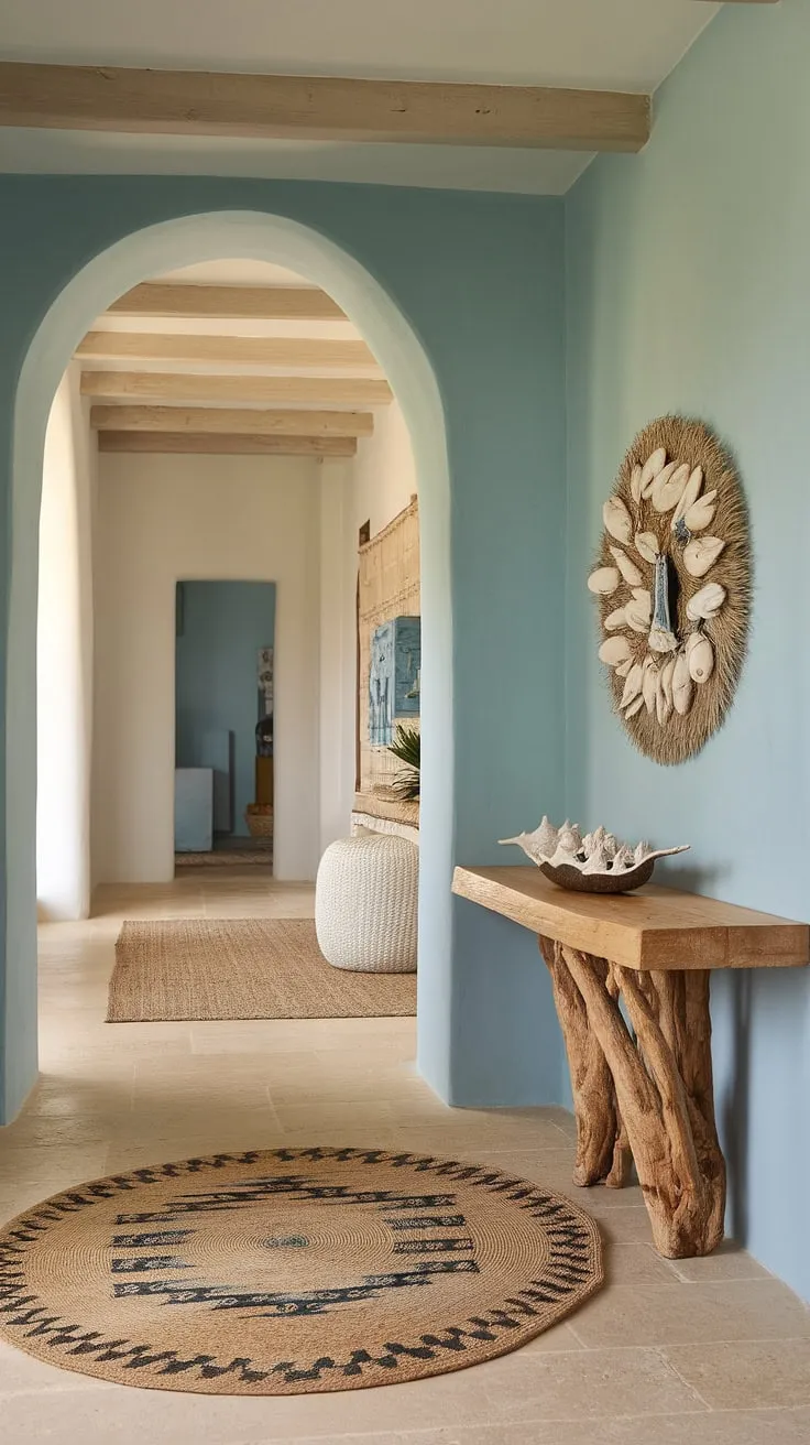 The calming coastal boho color palette of this beach house entryway sets the tone for the entire home.  Seashell decorations accent the coastal console, creating a tranquil coastal hallway and a truly inviting coastal foyer.