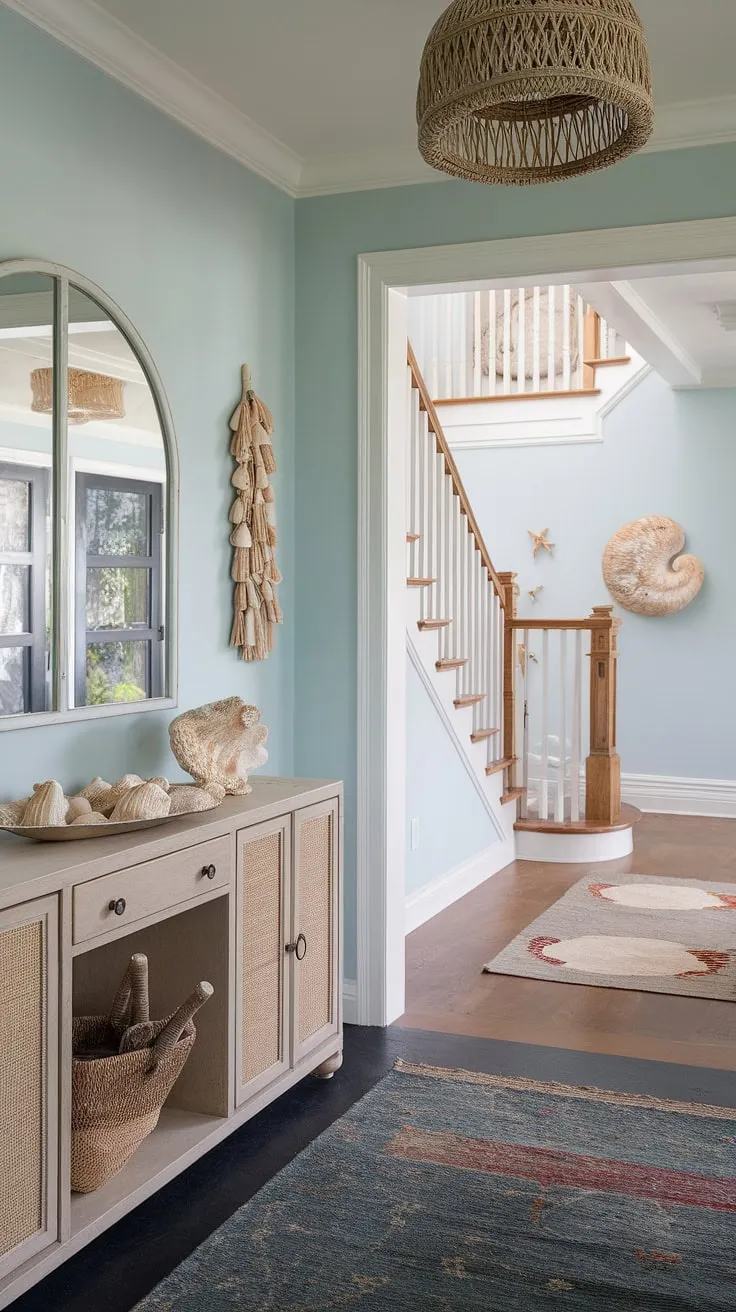 This beach house entryway, a charming coastal foyer, boasts a coastal console perfectly styled with seashell decorations. The soft blue walls and coastal boho color palette create an inviting atmosphere that flows seamlessly into the bright beach house hallway, complete with a wooden staircase and more subtle seashell decorations.