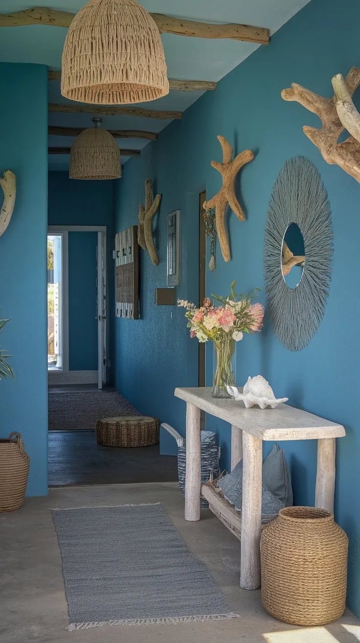 Step into serenity. This coastal entryway, a beach house hallway bathed in a coastal boho color palette, welcomes you with a coastal console adorned with seashell decorations.  The coastal foyer's calming atmosphere sets the tone for the entire beach house.