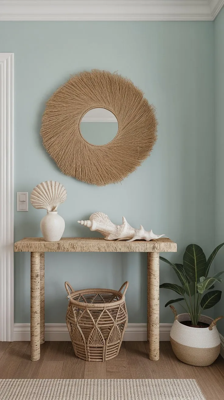 A coastal foyer that dreams are made of.  The beach house entryway boasts a calming coastal boho color palette, highlighted by a charming coastal console featuring delicate seashell decorations.  Natural textures and a soft blue backdrop create a welcoming coastal hallway, perfect for shedding the stresses of the day.