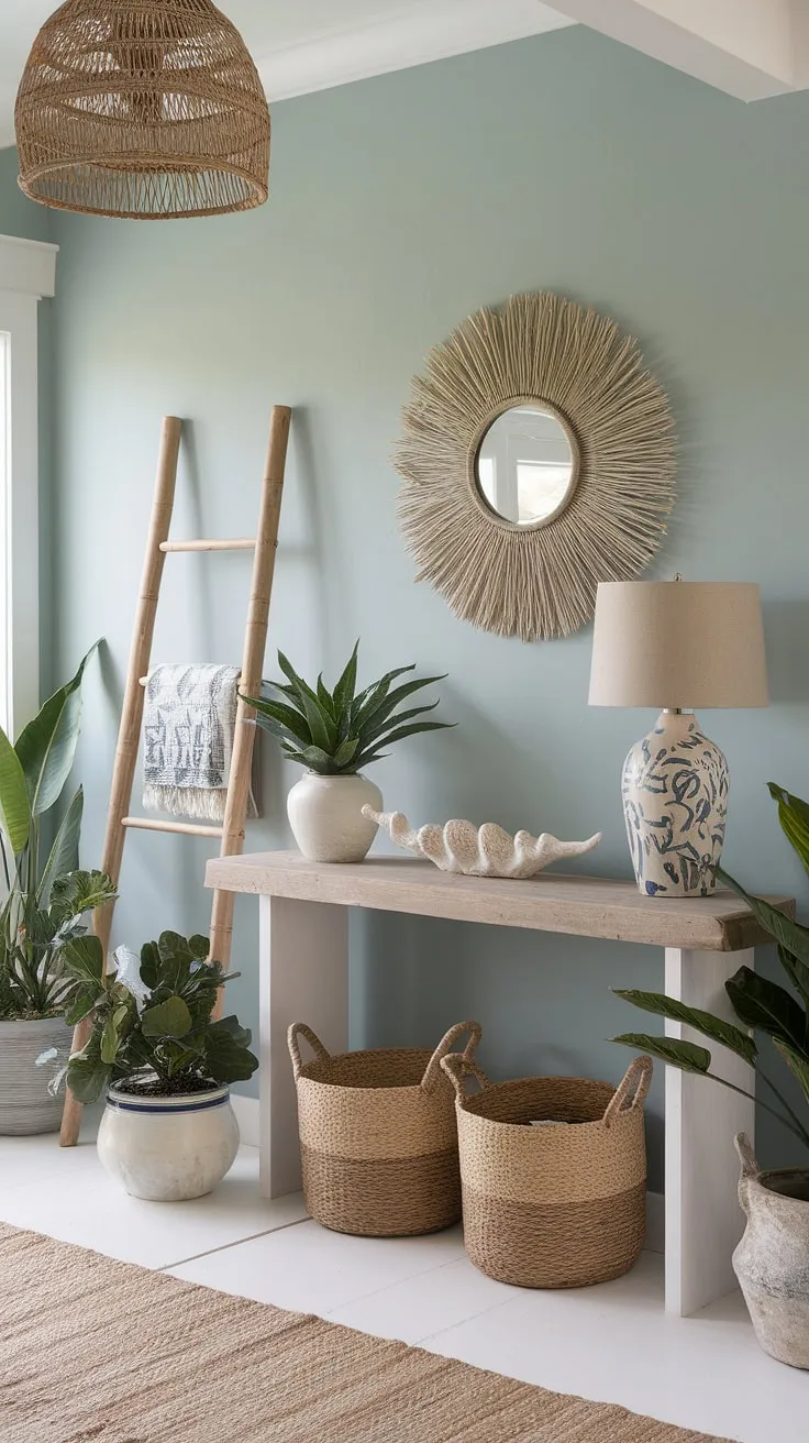 Step into serenity. This coastal entryway, a beach house hallway bathed in a coastal boho color palette, welcomes you with a coastal console adorned in seashell decorations.  The coastal foyer's calming atmosphere sets the tone for the entire beach house.