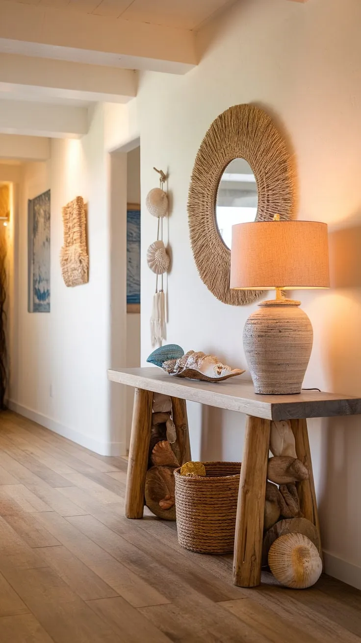 This coastal entryway is pure coastal bliss.  A charming coastal console, featuring seashell decorations, anchors this beach house hallway, bathed in warm light and showcasing a delightful coastal boho color palette. The perfect welcome to your seaside escape.