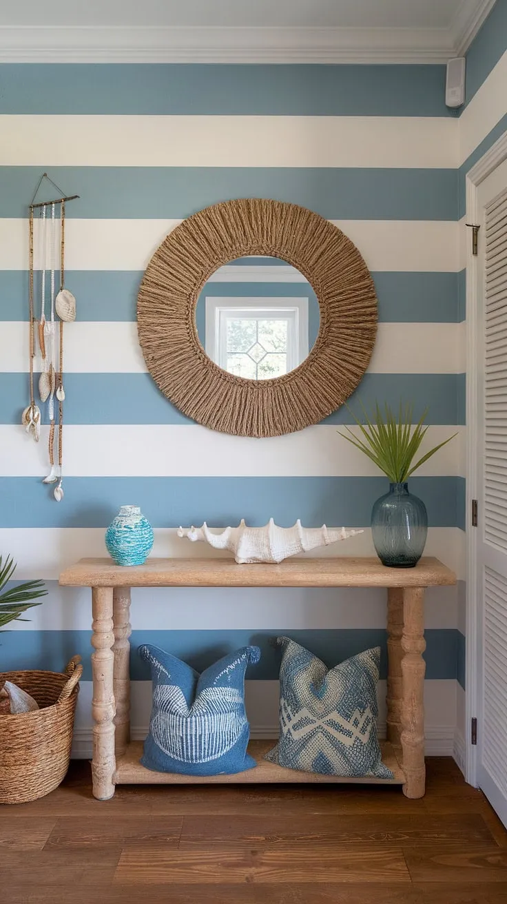 Step into serenity. This coastal foyer, with its beach house hallway leading the way, welcomes you with a coastal boho color palette and a charming coastal console adorned with seashell decorations.  The coastal entryway's relaxed elegance perfectly captures the spirit of a seaside escape.