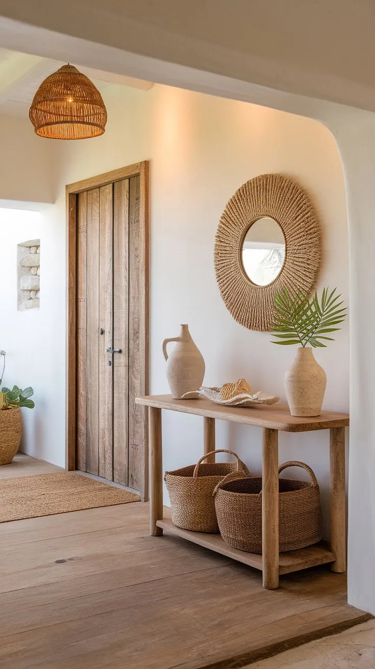Step into serenity. This coastal entryway, with its beach house hallway leading to sun-drenched rooms, boasts a coastal boho color palette and a charming coastal console adorned with seashell decorations.  The coastal foyer sets a tranquil tone for the entire beach house.